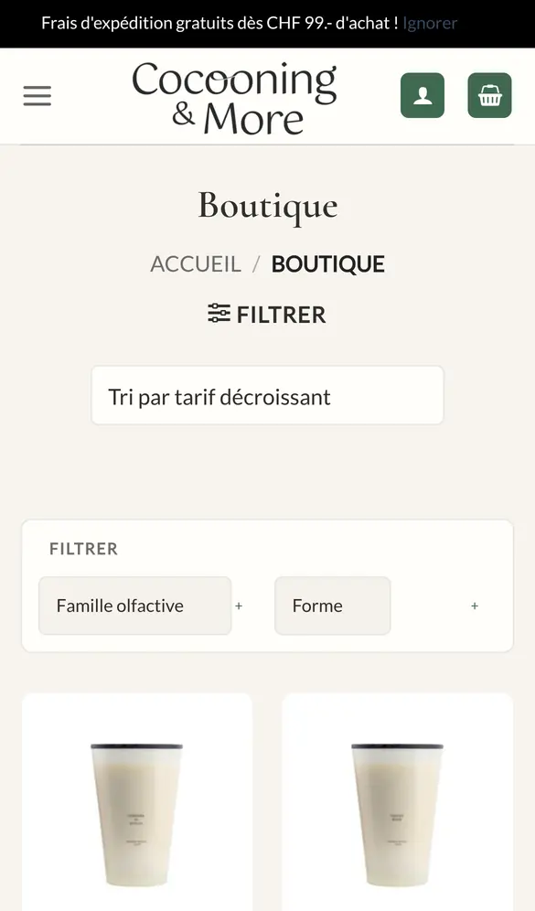 cocooningandmore.ch sur mobile, page intérieure