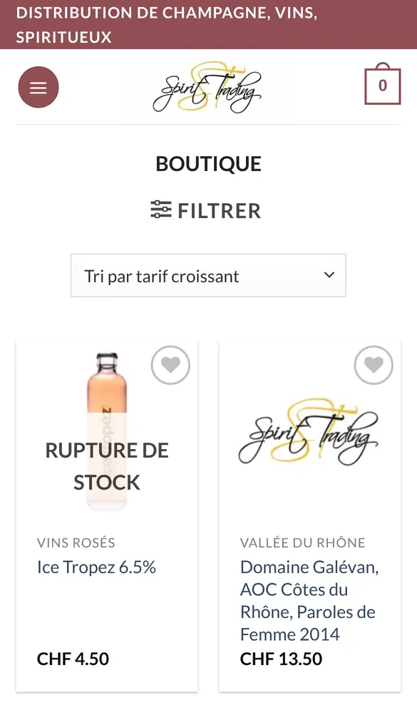 spirit-trading.ch sur mobile, page intérieure